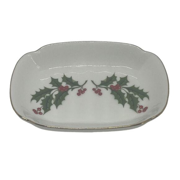 Japanese 4 7/8" Soap Trinket Dish Ceramic Gold Edge Holly Berries Green Leaves - Picture 4 of 14